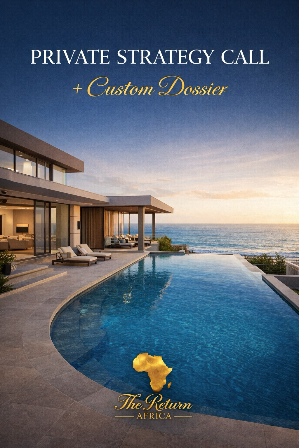 Modern house with pool overlooking the ocean, promotional text for 'The Return Africa' on a blue sky background.